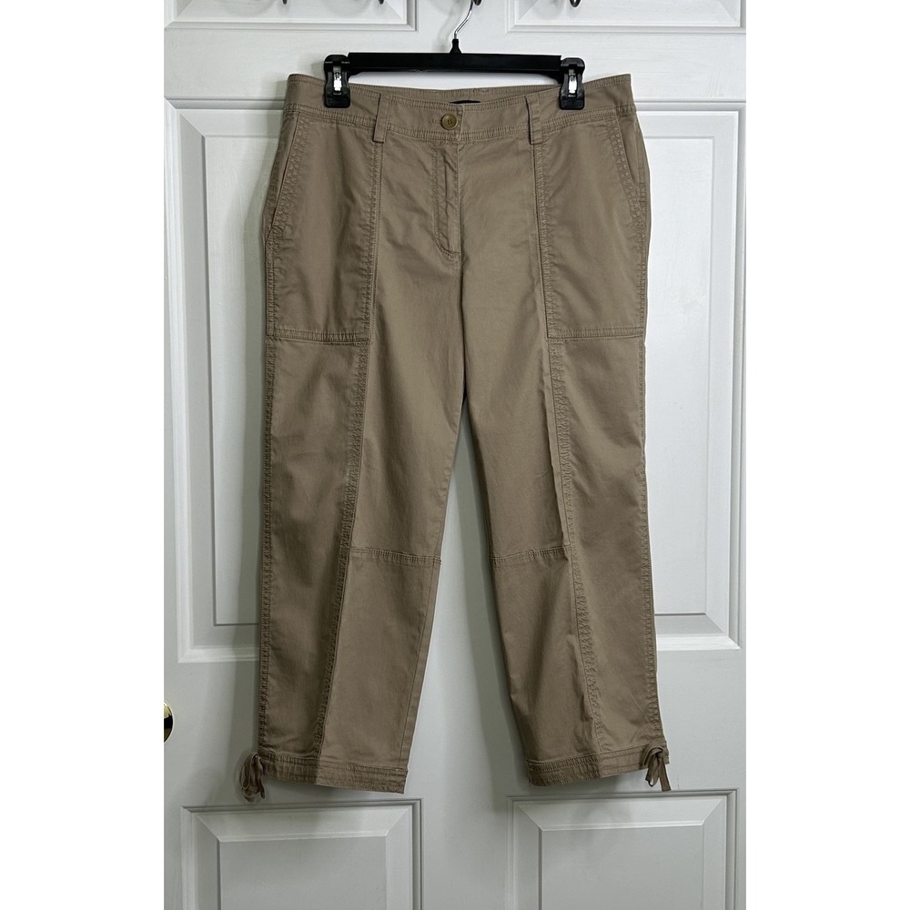 Eileen Fisher Capris Womens 10 Organic Cotton Blend Washed Khaki Tan Tie Accents